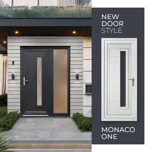 Monaco One Hurst uPVC door in charcoal with glass side panel also in white