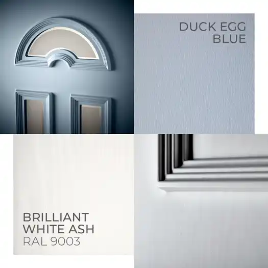 Hurst uPVC doors in white ash and duck egg blue colours with glass portions