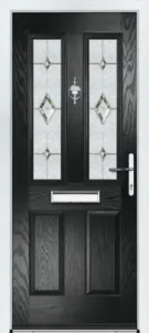 Portico composite door in black with double glass panels with diamond patterns
