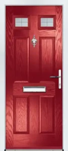 Portico composite door in dark red with small double glass panels