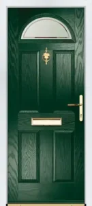 Portico composite door in dark green with arch glass panel