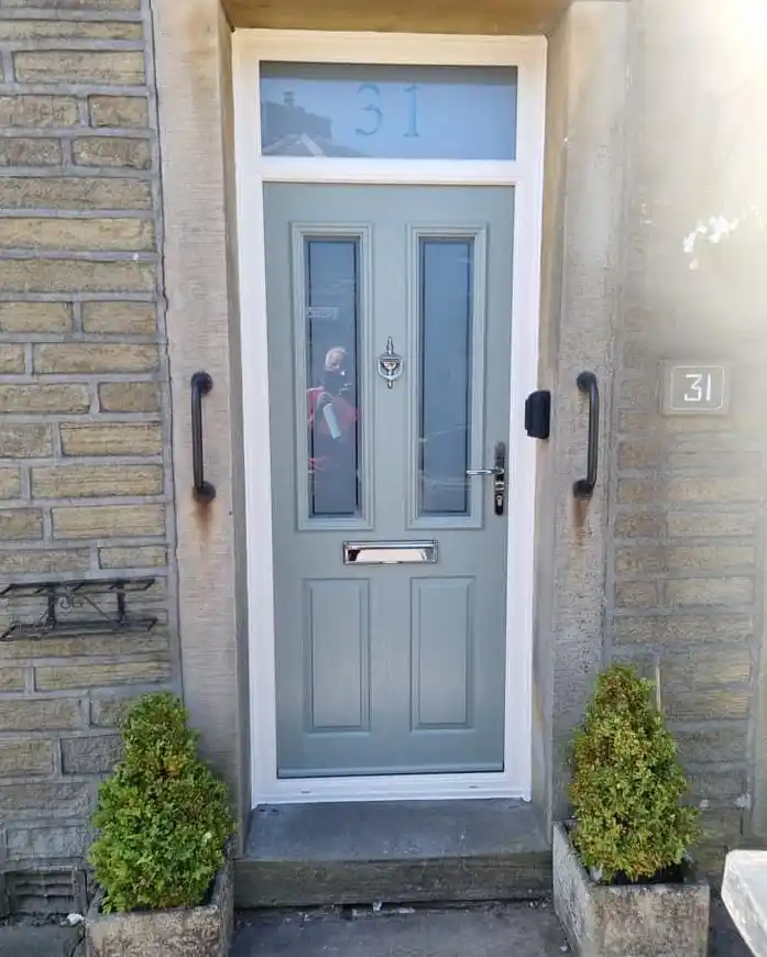 Portico composite door in light sage with double glass panels