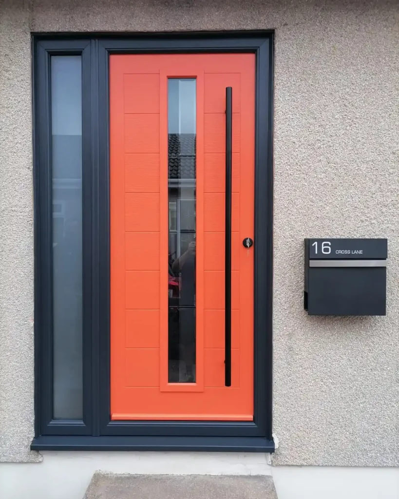 Portico composite door in bright orange with long single glass panel