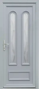 White coloured PVC double long glass panels with arches at top