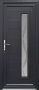 Anthracite coloured PVC door single long glass panel with further eight pvc panels down the side
