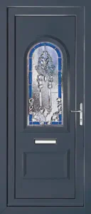 Anthracite coloured PVC door single long arch glass panel with mosaic style embellishment
