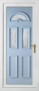 Pale blue coloured PVC door insert, white frame, double long glass panels with single arch panel above